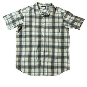 Columbia Mens Shirt Large Green Striped Thompson Hill II Short Sleeve Button-Up